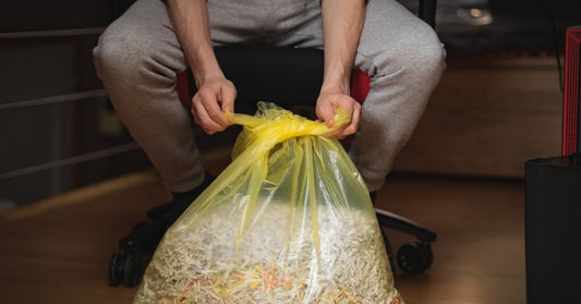 A person tying a translucent yellow trash bag closed. Inside the bag, there is a pile of shredded paper scraps.